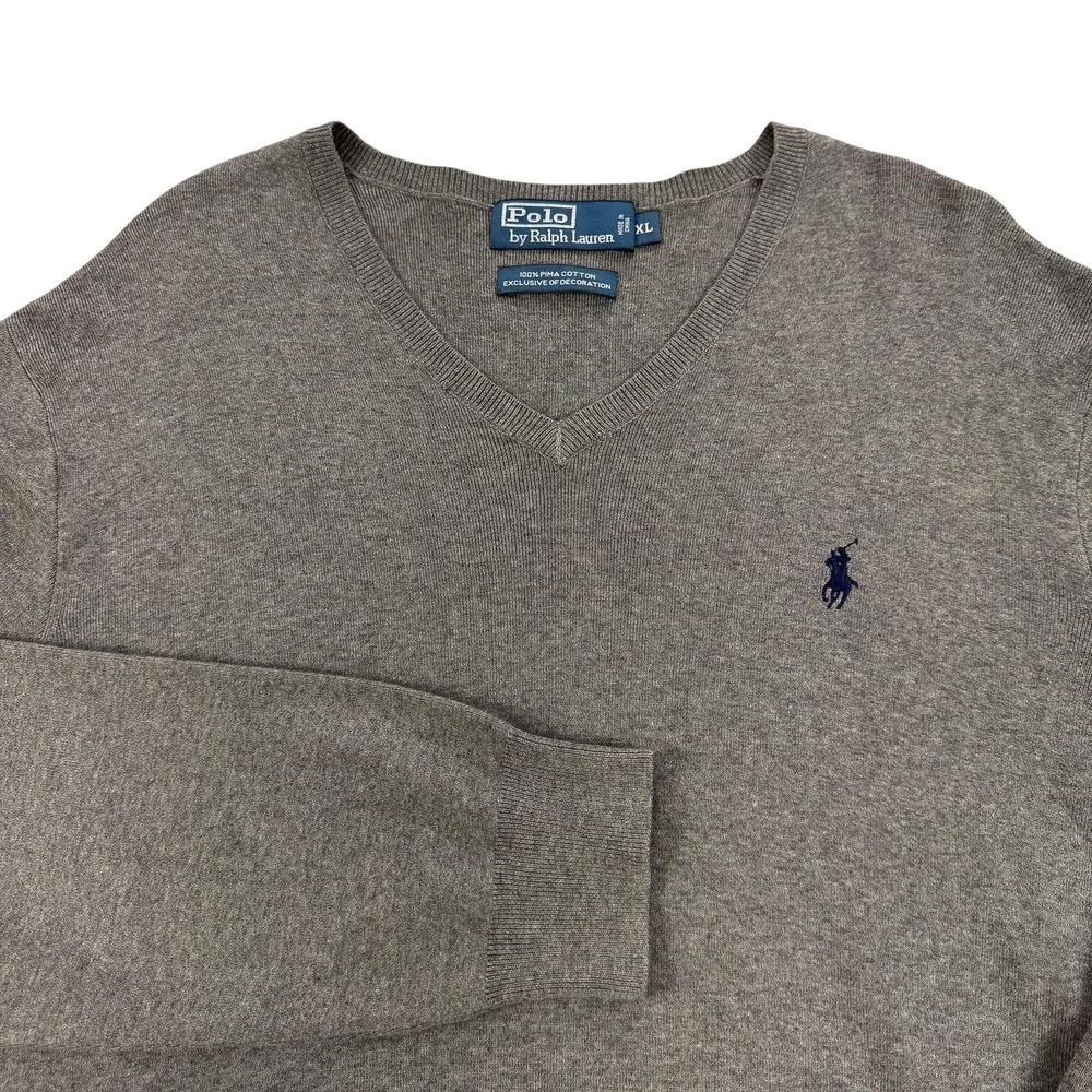 Polo By Ralph Lauren Sweater Mens XL Gray Pima Cotton V Neck Pullover Pony Logo